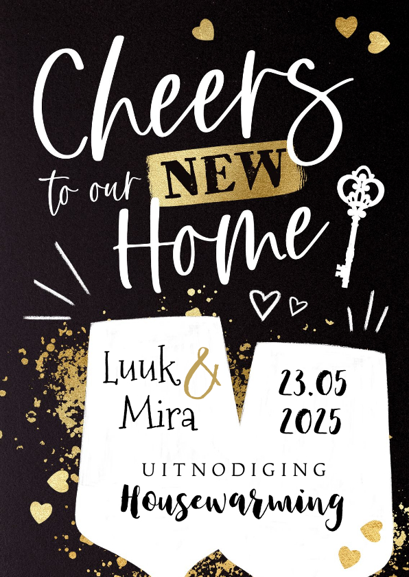 Uitnodigingen - Uitnodiging housewarming ‘Cheers!’ krijtbord wijn goudlook