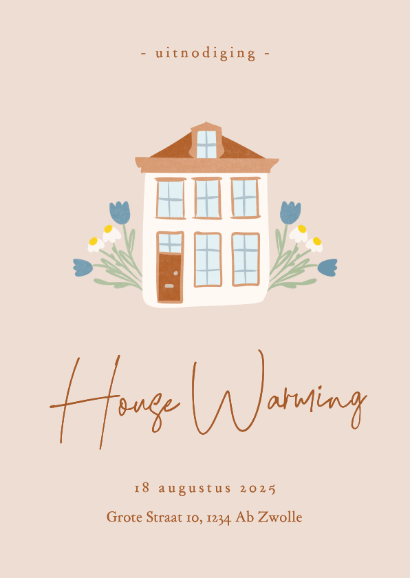 Uitnodigingen - Uitnodiging housewarming in beige met huisje en bloemen