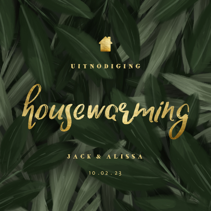 Uitnodigingen - Uitnodiging housewarming jungle bladeren met gouden accenten