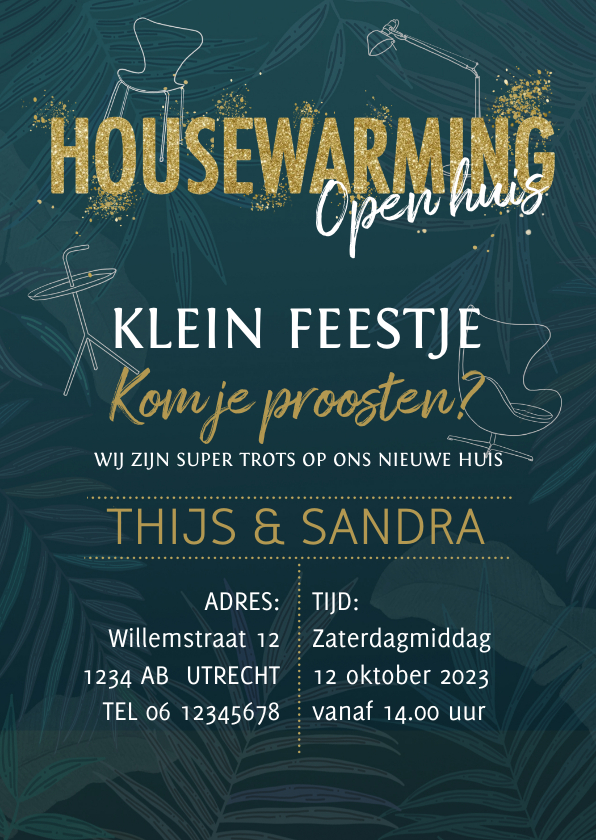 Uitnodigingen - Uitnodiging housewarming met glitterlook