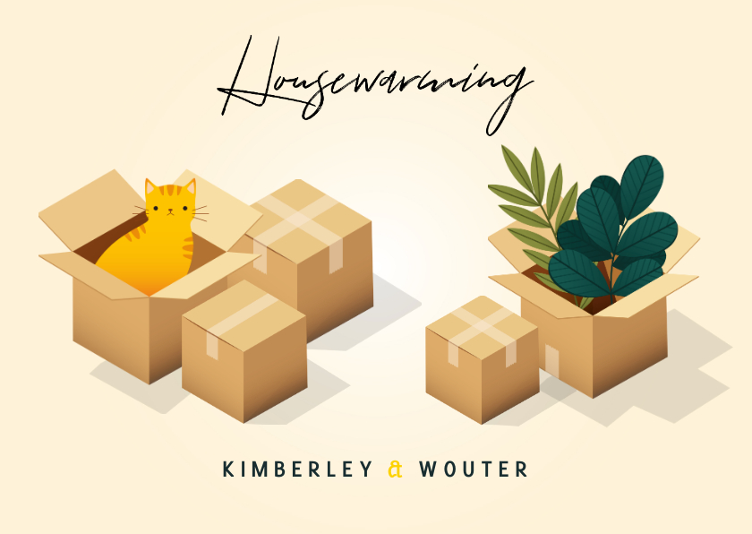 Uitnodiging Housewarming met verhuisdozen, planten en kat - Uitnodigingen Uitnodigingen - Uitnodiging Housewarming met verhuisdozen, planten en kat