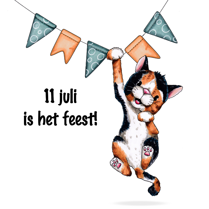 Uitnodiging kat hangt in de slingers - Uitnodigingen Uitnodigingen - Uitnodiging kat hangt in de slingers