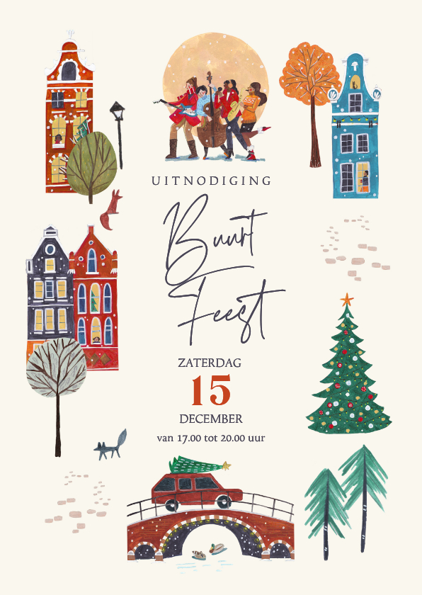 Uitnodiging kerst buurtfeest grachtenpanden - Uitnodigingen Uitnodigingen - Uitnodiging kerst buurtfeest grachtenpanden