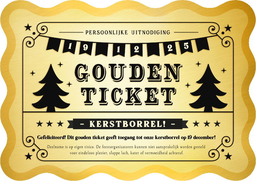 Uitnodigingen - Uitnodiging kerstborrel of feestje gouden ticket