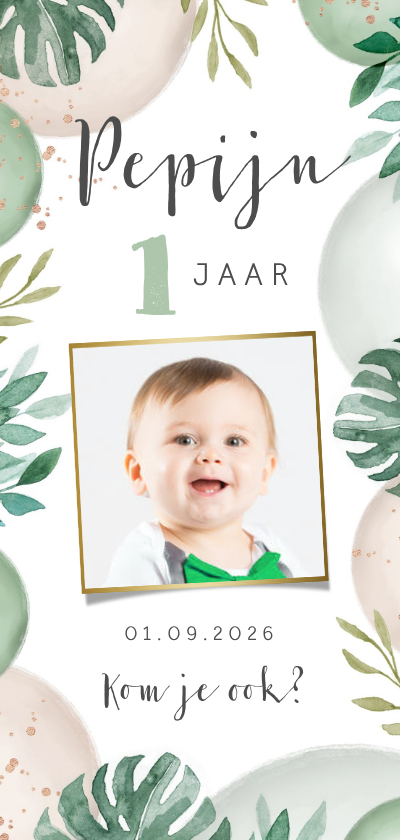 Uitnodigingen - Uitnodiging kinderfeestje jungle ballonnen foto 1 jaar