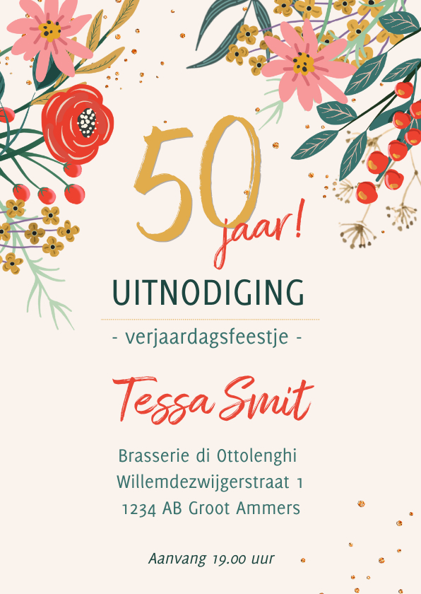 Uitnodigingen - Uitnodiging kleurrijke bloemen met glitterlook