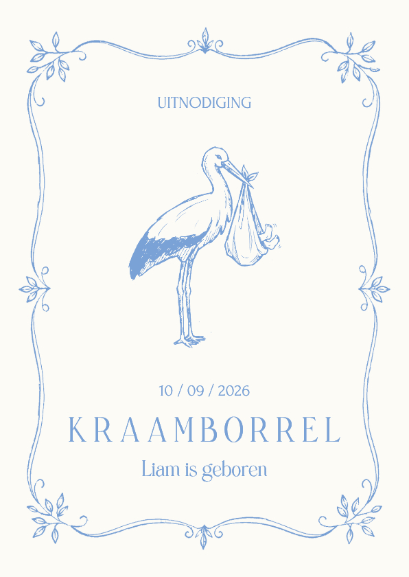 Uitnodiging kraamborrel jongen met klassieke ooievaar - Uitnodigingen Uitnodigingen - Uitnodiging kraamborrel jongen met klassieke ooievaar