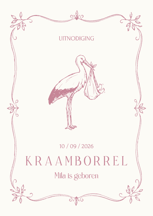 Uitnodigingen - Uitnodiging kraamborrel klassiek meisje met ooievaar