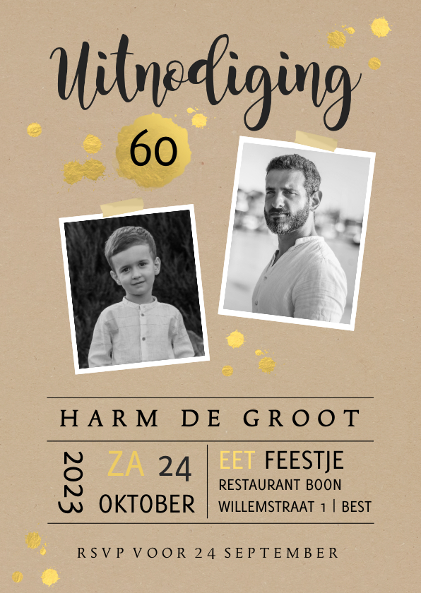 Uitnodiging kraftlook met goudlook - Uitnodigingen Uitnodigingen - Uitnodiging kraftlook met goudlook