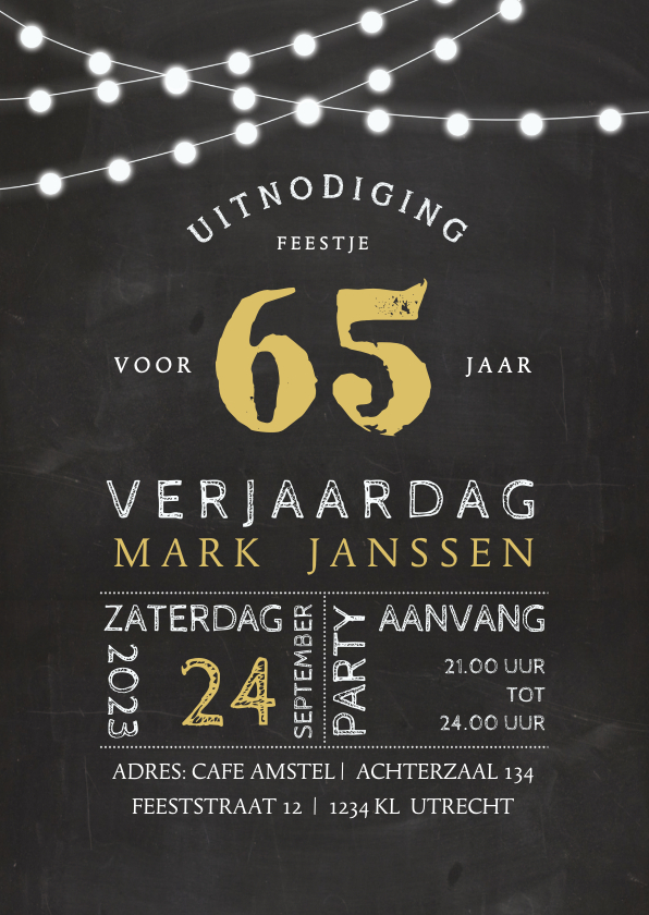 Uitnodigingen - Uitnodiging krijtbord look met lampjes