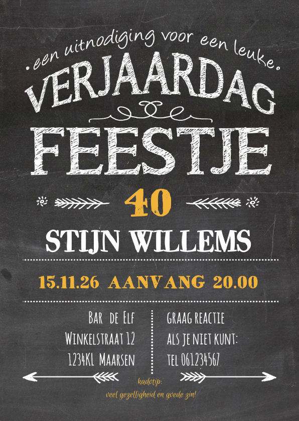 Uitnodigingen - Uitnodiging krijtbord verjaardag tekst 