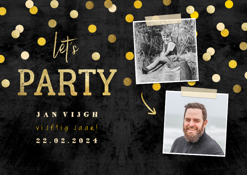 Uitnodigingen - Uitnodiging 'let's party' krijtbord met foto's en confetti