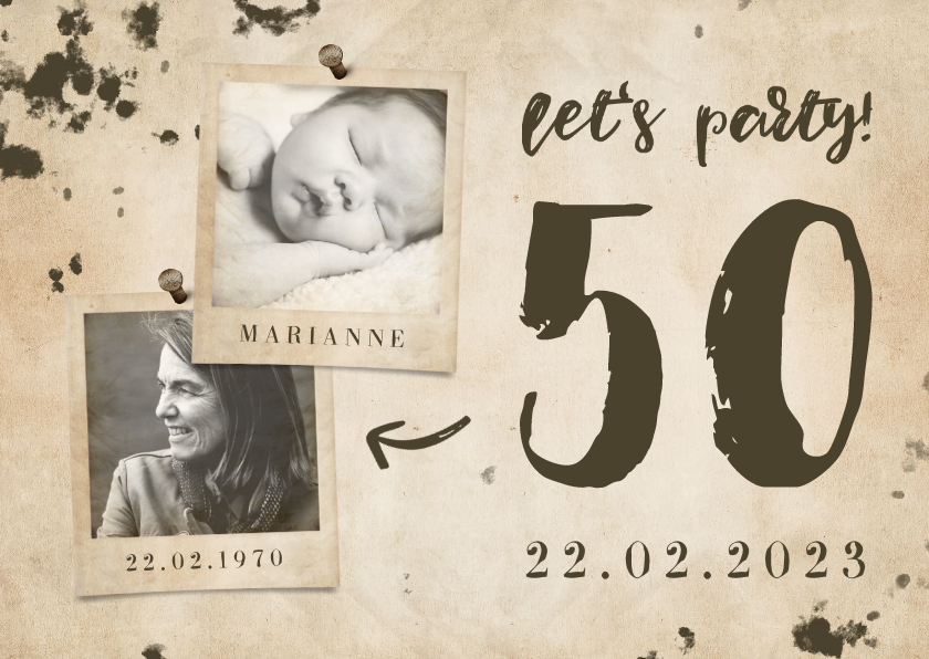 Uitnodigingen - Uitnodiging 'let's party' vintage met foto's en leeftijd