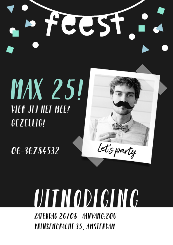 Uitnodigingen - Uitnodiging man confetti hip met foto