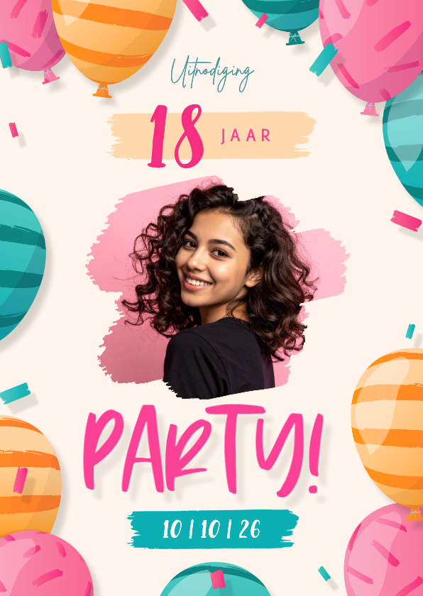 Uitnodigingen - Uitnodiging met eigen foto, kleurrijke ballonnen en confetti