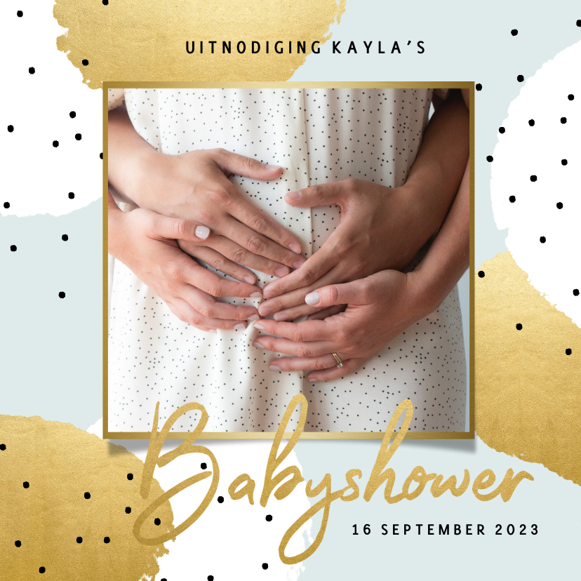 Uitnodiging met goud en zwarte stipjes voor je babyshower - Uitnodigingen Uitnodigingen - Uitnodiging met goud en zwarte stipjes voor je babyshower