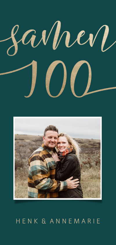 Uitnodiging met goudlook 'samen 100' en foto - Uitnodigingen Uitnodigingen - Uitnodiging met goudlook 'samen 100' en foto