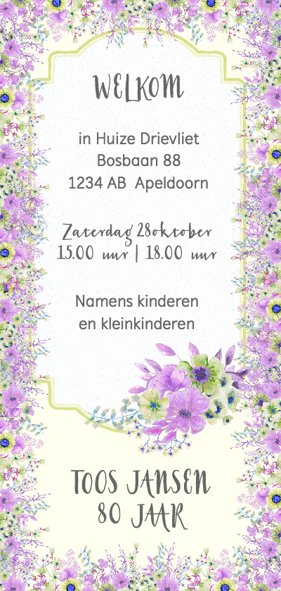 Uitnodiging paars-groene bloemen leeftijd - Uitnodigingen Uitnodigingen - Uitnodiging paars-groene bloemen leeftijd