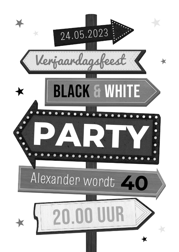Uitnodiging party thema black and white Kaartje2go