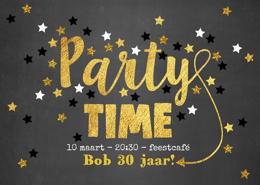 Uitnodigingen - Uitnodiging Party-Time goud sterren krijtbord