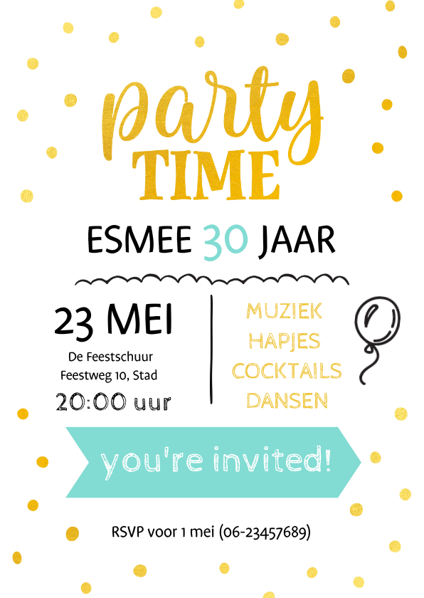Uitnodiging party time goudlook vrouw - Uitnodigingen Uitnodigingen - Uitnodiging party time goudlook vrouw