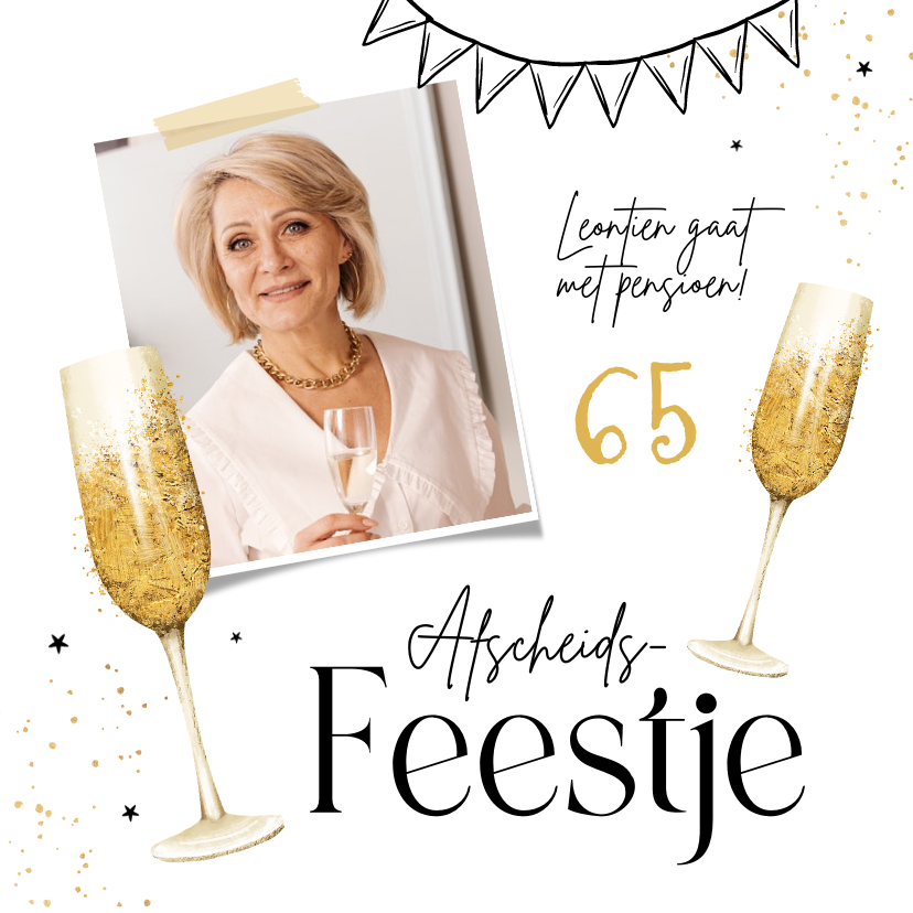Uitnodigingen - Uitnodiging pensioen afscheidsfeest champagne goud foto