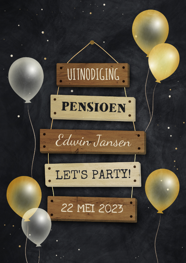 Uitnodigingen - Uitnodiging pensioen bordjes met feestelijke ballonnen