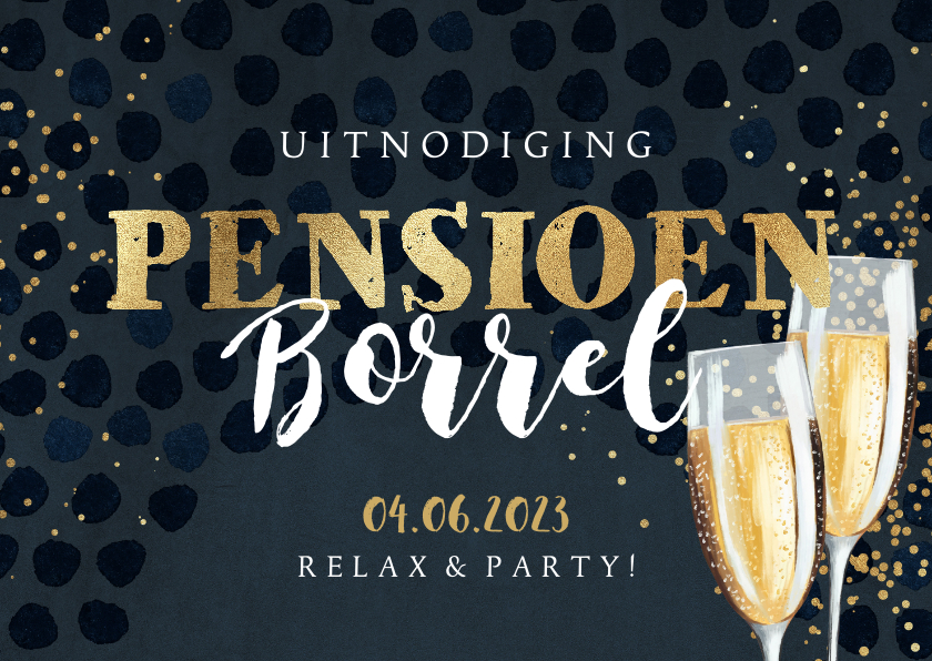Uitnodigingen - Uitnodiging 'Pensioen Borrel' champagneglazen en goudlook