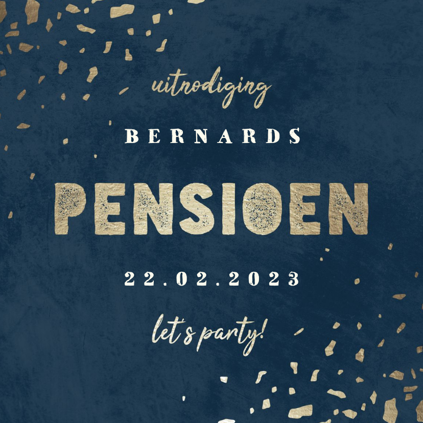 Uitnodigingen - Uitnodiging pensioen donkerblauw met terrazzo patroon