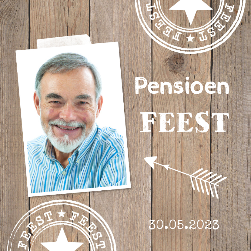 Uitnodiging pensioen eigen foto houtprint - Uitnodigingen Uitnodigingen - Uitnodiging pensioen eigen foto houtprint
