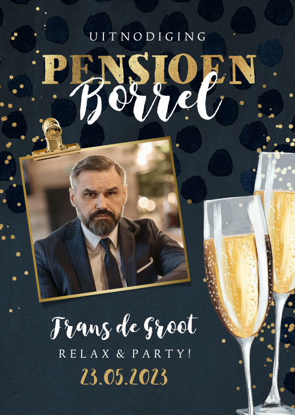 Uitnodigingen - Uitnodiging pensioenfeest champagne glazen goud stijlvol
