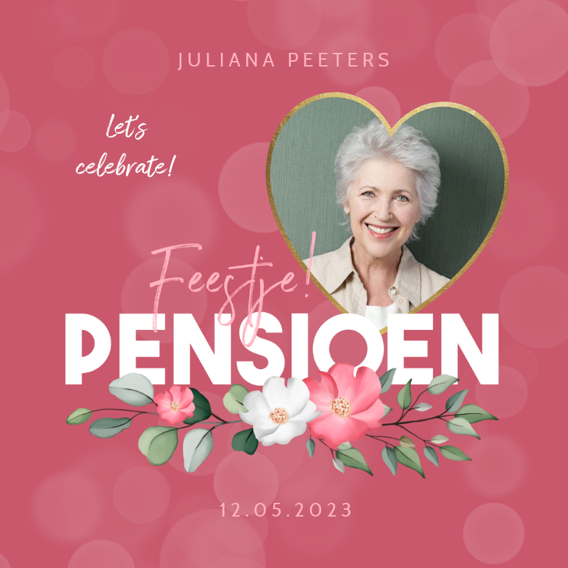 Uitnodiging pensioenfeest roze bloemen foto hart - Uitnodigingen Uitnodigingen - Uitnodiging pensioenfeest roze bloemen foto hart