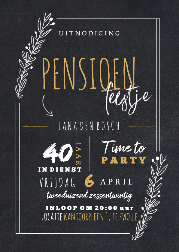 Uitnodigingen - Uitnodiging pensioenfeest vrouw met takjes in krijtbord look