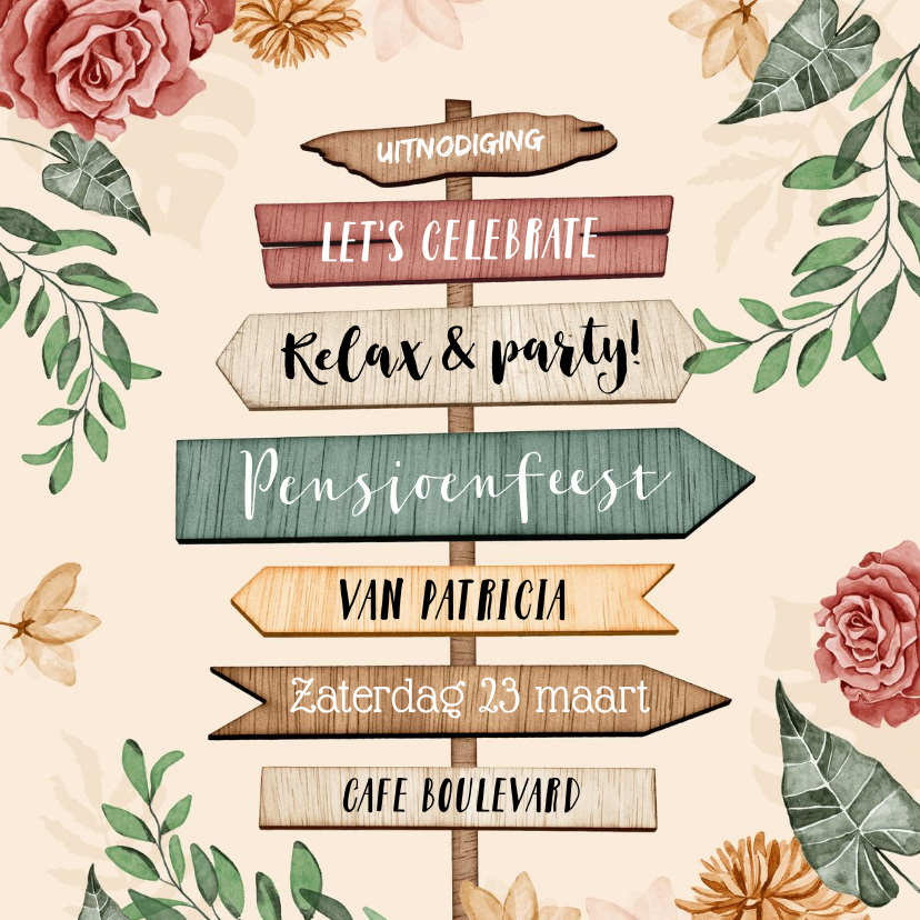 Uitnodigingen - Uitnodiging pensioenfeest wegwijzers hout bloemen