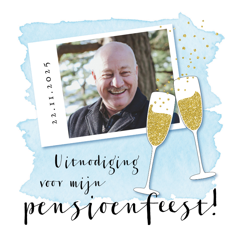 Uitnodigingen - Uitnodiging pensioenfeestje champagne glazen