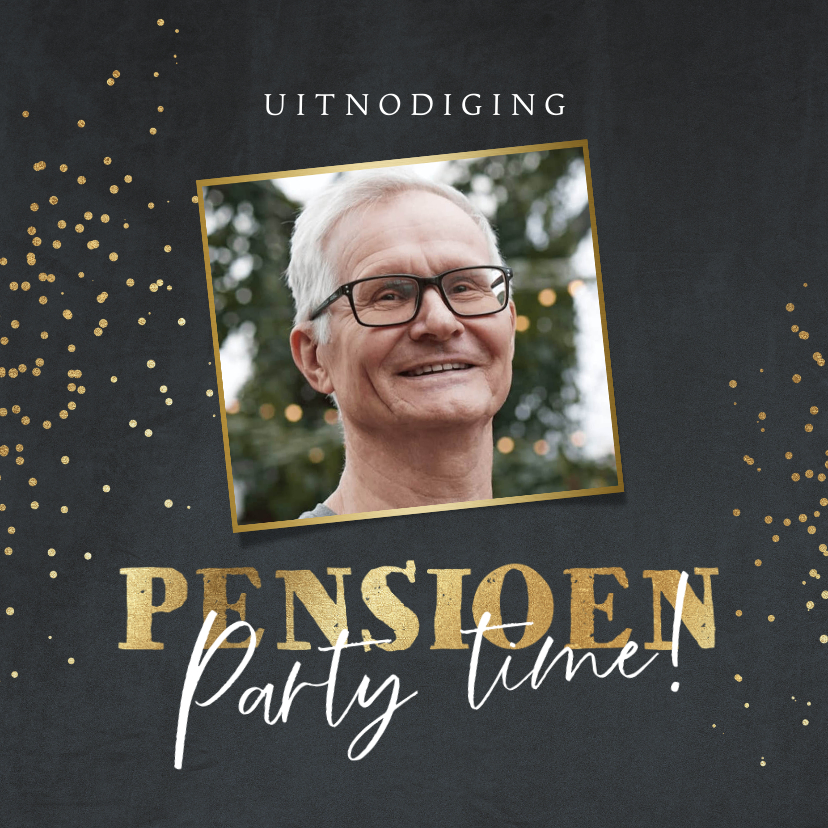 Uitnodigingen - Uitnodiging pensioensfeest met foto en goud op velvetgrijs