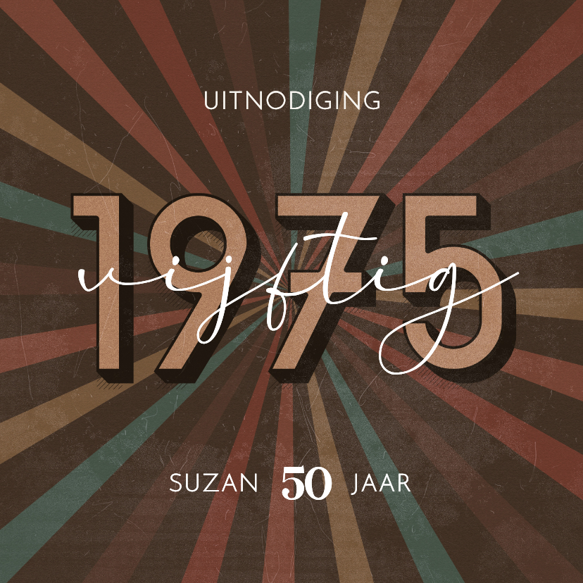 Uitnodigingen - Uitnodiging retro 1975 3d stralen gekleurd vijftig jaar