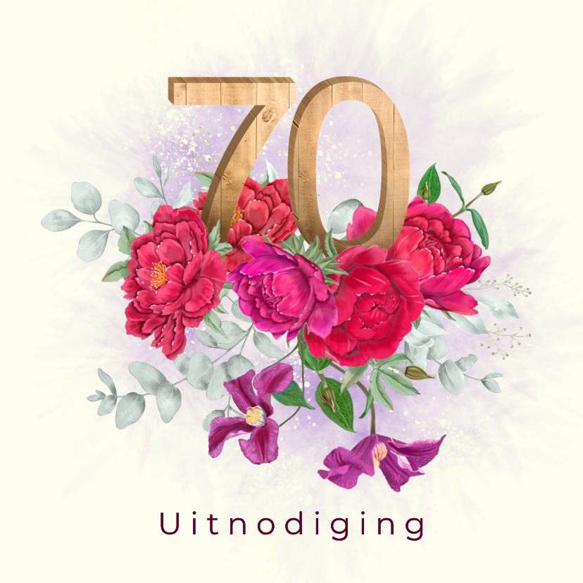 Uitnodiging rode pioenrozen 70 jaar in hout - Uitnodigingen Uitnodigingen - Uitnodiging rode pioenrozen 70 jaar in hout