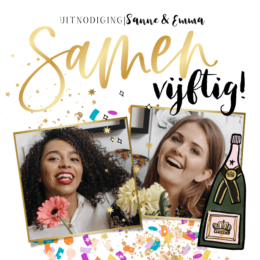 Uitnodigingen - Uitnodiging samen 50 verjaardagsfeest goudlook champagnefles