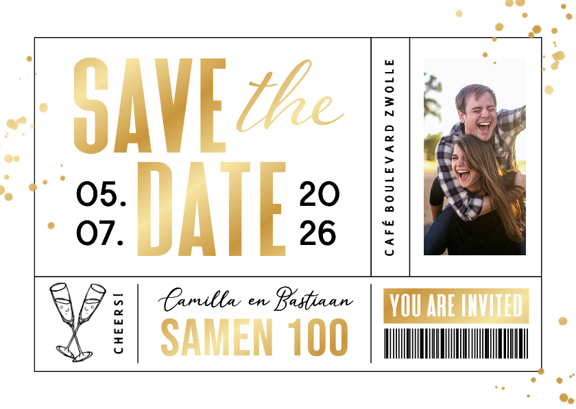 Uitnodigingen - Uitnodiging save the date ticket goud samen 100 feestje 