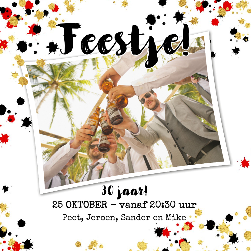 Uitnodiging stoere foto kaart met verfspatten - Uitnodigingen Uitnodigingen - Uitnodiging stoere foto kaart met verfspatten