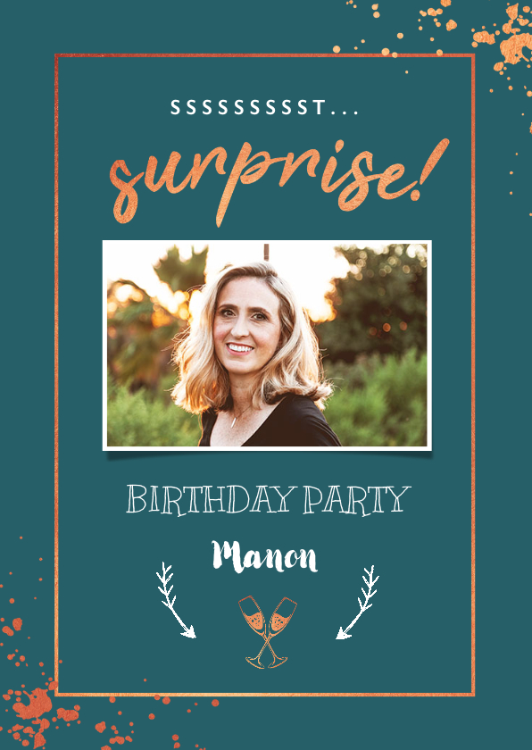 Uitnodiging surprise party met spetters en eigen foto! - Uitnodigingen Uitnodigingen - Uitnodiging surprise party met spetters en eigen foto!