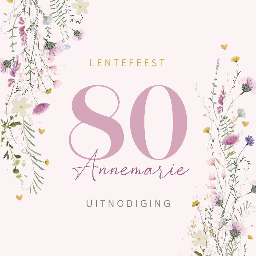 Uitnodiging tachtig jaar met lente bloemen en hartjes - Uitnodigingen Uitnodigingen - Uitnodiging tachtig jaar met lente bloemen en hartjes