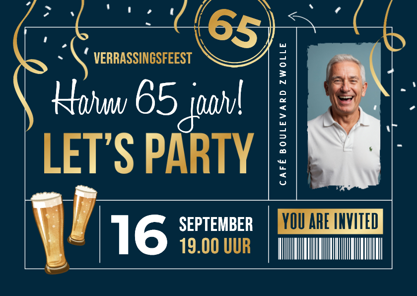 Uitnodiging ticket 65 jaar man bier slingers goud foto - Uitnodigingen Uitnodigingen - Uitnodiging ticket 65 jaar man bier slingers goud foto