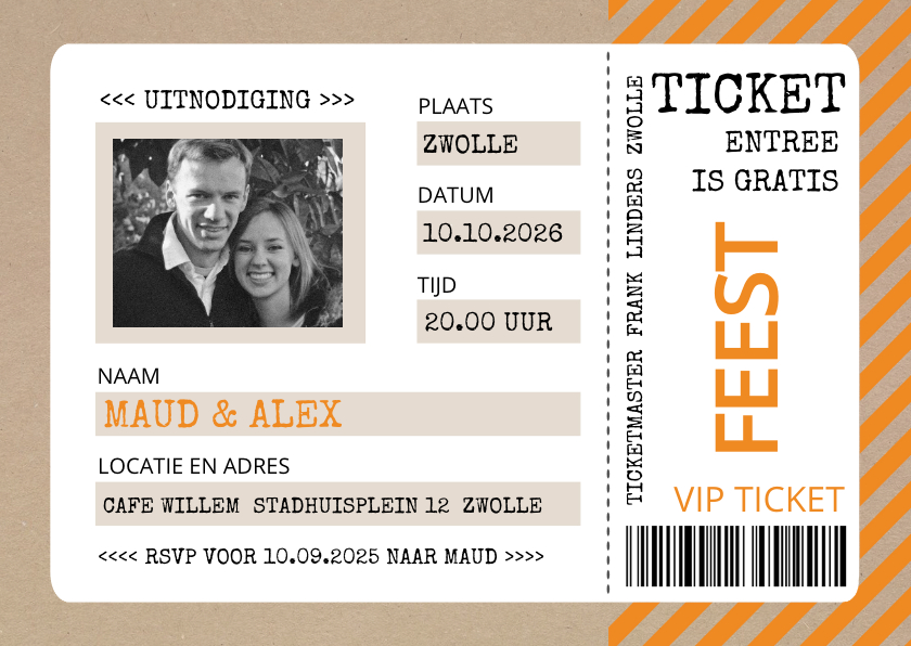 Uitnodigingen - Uitnodiging ticket oranje met kraftlook