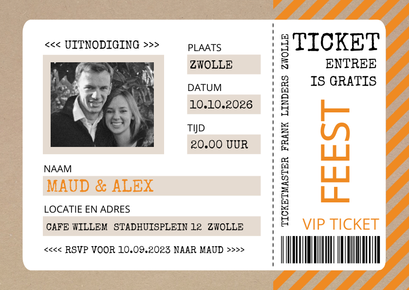 Uitnodigingen - Uitnodiging ticket oranje met kraftlook