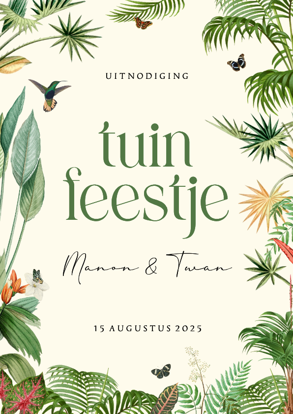 Uitnodigingen - Uitnodiging tuin feestje met tropische planten en vlinders