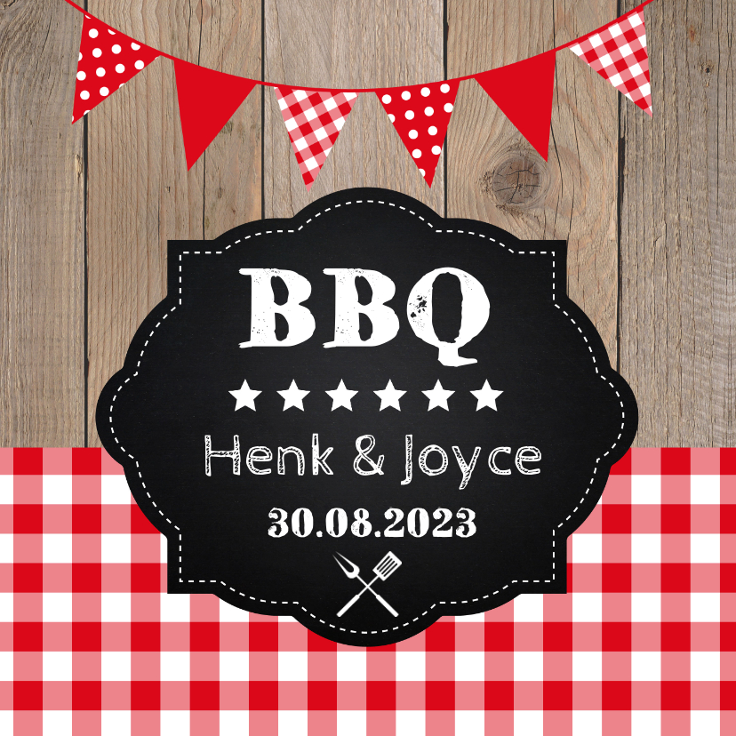 Uitnodiging tuinfeest BBQ houtprint slinger - Uitnodigingen Uitnodigingen - Uitnodiging tuinfeest BBQ houtprint slinger