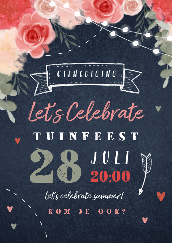 Uitnodiging tuinfeest bloemen lampjes krijtbord - Uitnodigingen Uitnodigingen - Uitnodiging tuinfeest bloemen lampjes krijtbord