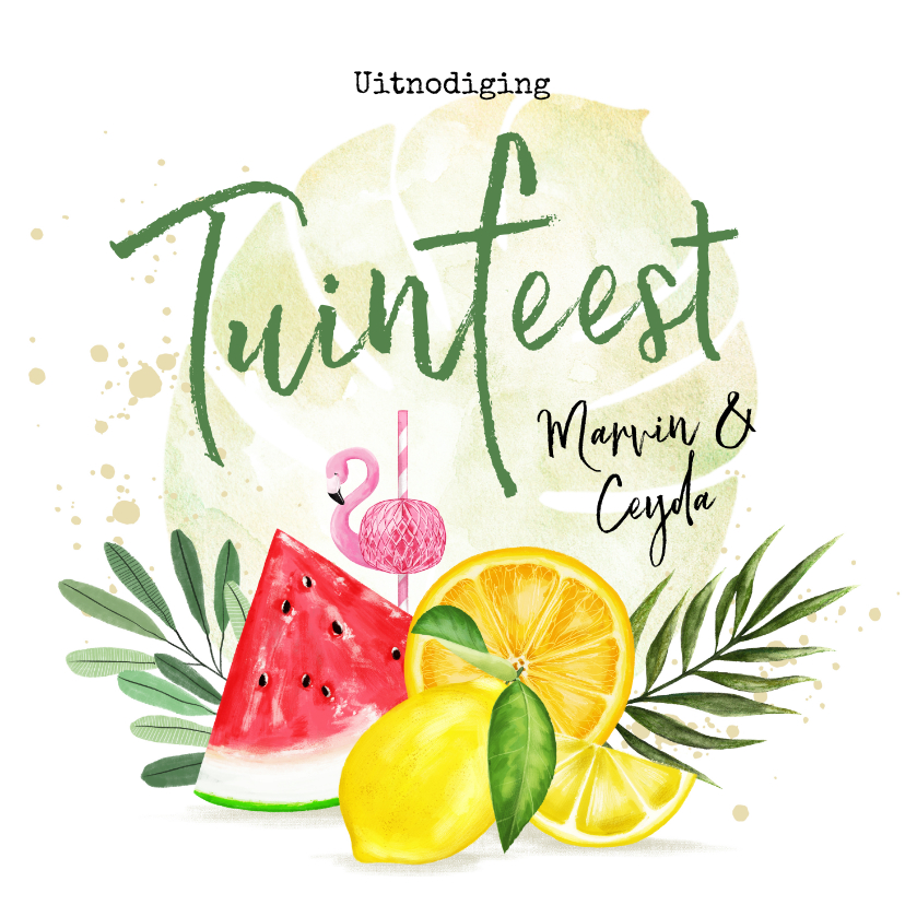 Uitnodigingen - Uitnodiging tuinfeest met fruit en botanische bladeren